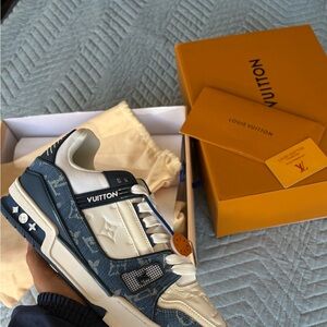 Louis Vuitton Men's Denim Blue and Cream Sneakers